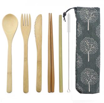 Houten Outdoor Gebruiksvoorwerpen Draagbare Reizen Picknick Bestek Set Milieuvriendelijke Bamboe Bestek Set Houten Servies Set Met Pouch 7stk Wooden B