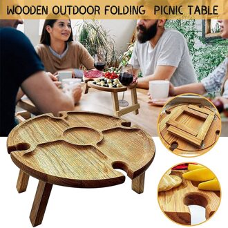 Houten Outdoor Opvouwbare Picknick Tafel Met Glazen Houder Ronde Opvouwbare Bureau Wijn Glas Rack Inklapbare Tafel Hfing