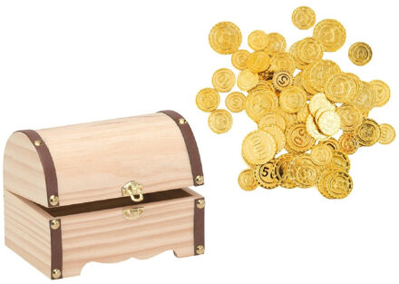 Houten piraten schatkist - 15 x 10 cm - met 100x plastic gouden piraten geld munten