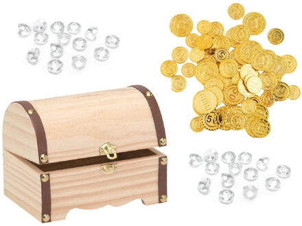 Houten piraten schatkist - 15 x 10 cm - met 100x plastic gouden piraten munten - en 100x diamantjes