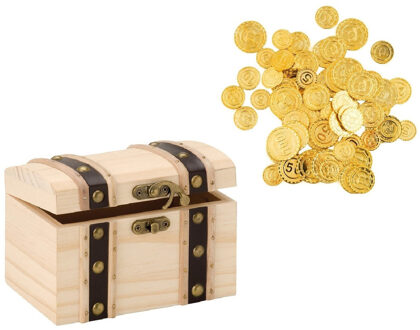 Houten piraten schatkist - 17 x 12.5 cm - met 100x plastic gouden piraten geld munten - Speelgoed