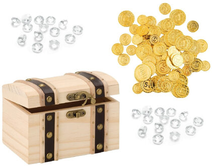 Houten piraten schatkist 17 x 12.5 cm met diamanten en 100x plastic gouden piraten geld munten