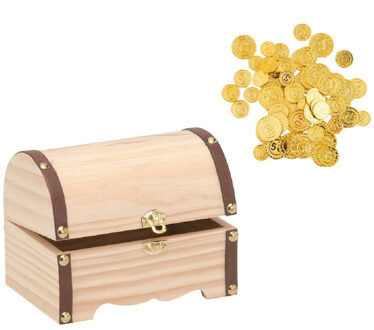 Houten piraten schatkist 18 x 13 cm met 100x plastic gouden piraten geld munten