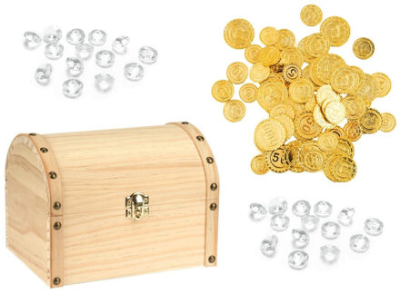 Houten piraten schatkist 20 x 15 cm met 100x plastic gouden piraten geld munten en diamanten