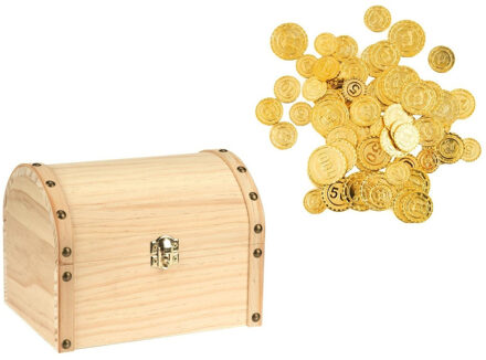 Houten piraten schatkist 20 x 15 cm met 100x plastic gouden piraten geld munten
