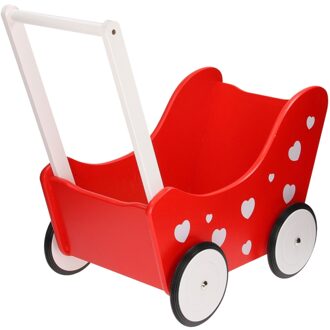 Houten Poppenwagen met hartjes, Rood