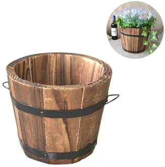 Houten Ronde Vat Planter Bloempotten Home Office Tuin Wedding Decor (Platte Mond/Kleine/Bruin/12X9X10Cm)