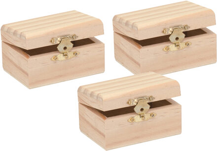 Houten schatkistje met sluiting en deksel - 3x - 8 x 5 x 4 cm - Sieraden/spulletjes/sleutels