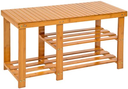 Houten schoenenrek met 2 niveaus en zitbank 87x28x45,5cm Bruin