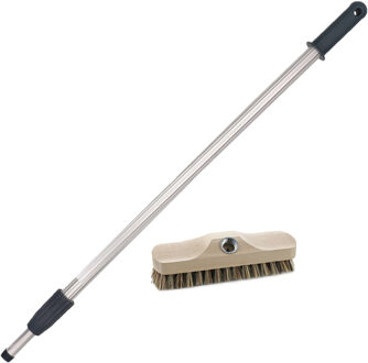 Houten schrobborstel - luiwagen - schrobber - inclusief aluminium telescoopsteel - zilver - 20
