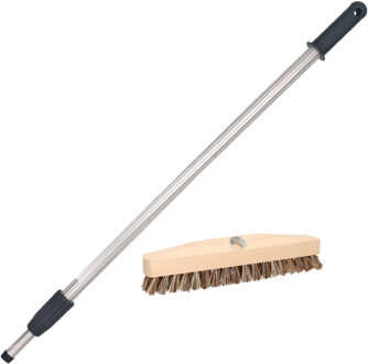 Houten schrobborstel - schrobber - inclusief aluminium telescoopsteel - zilver - tot 200 cm