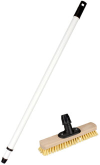Houten schrobborstel/schrobber inclusief metalen telescoopsteel wit 130 cm