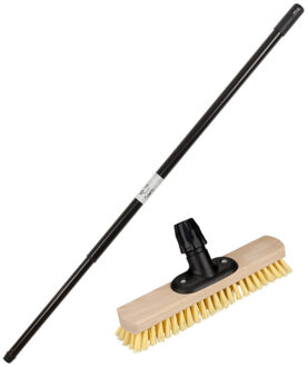 Houten schrobborstel/schrobber inclusief metalen telescoopsteel zwart 130 cm