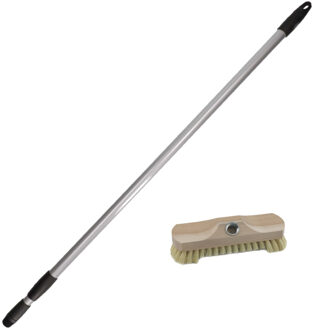 Houten schrobborstel - schrobber - Luiwagen - incl metalen telescoopsteel - zilver - 130 cm