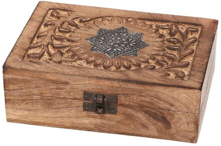 Houten sieradenkistje/opbergkistje - 17 x 13 cm - Vintage - Brocante opberg kistjes Bruin