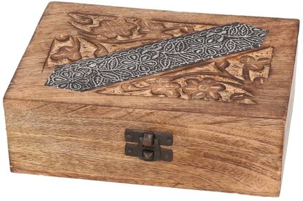 Houten sieradenkistje/opbergkistje - 17 x 13 cm - Vintage - Brocante opberg kistjes Bruin