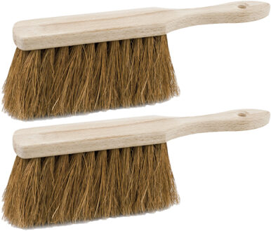 Houten stoffer - 2x stuks - 28 cm - met kokosvezel - extra vol - voor binnen en buiten - handveger