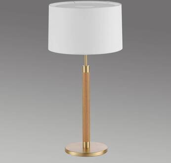 Houten tafellamp Lignum met sits-kap, messing messing mat, eiken natuur, wit