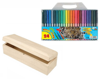 Houten tekenen stiften opbergdoosje 20 x 6 cm met 24x gekleurde viltstiften