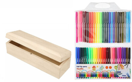 Houten tekenen stiften opbergdoosje 20 x 6 cm met 50x gekleurde viltstiften