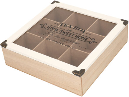 Houten Theedoos/theekist Bruin/wit Met 9 Vakken 24 X 24 X 7 Cm - Theedozen