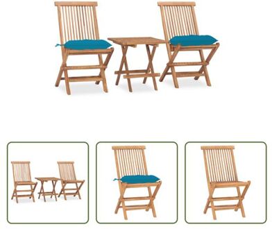 Houten Tuinset - Tafel 50x50x50cm - Stoelen 46x62x90cm - Lichtblauwe kussens