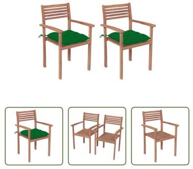 Houten Tuinstoel Set - Stapelbaar - Groen Kussen - 56 x 51 x 90 cm - Duurzaam Teakhout