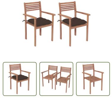 Houten Tuinstoel - Stapelbaar - Teakhout - Set van 2 - Met Kussen - Taupe - Afmetingen 56x51x90 cm