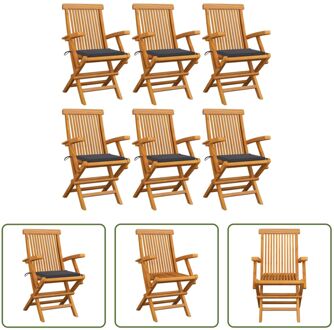 Houten Tuinstoelenset - 6 Stoelen - Teakhout - Inklapbaar - Antraciet Kussen Grijs