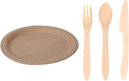 Houten verjaardag bestek voor 12x personen set en 20x Duurzame papieren taart/hapjes bordjes 23 cm