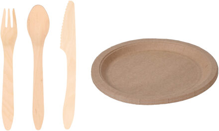 Houten verjaardag bestek voor 18x personen set en 20x Duurzame papieren taart/hapjes bordjes 23 cm