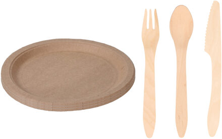 Houten verjaardag bestek voor 24x personen set en 30x Duurzame papieren taart/hapjes bordjes 23 cm