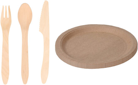 Houten verjaardag bestek voor 30x personen set en 30x Duurzame papieren taart/hapjes bordjes 23 cm