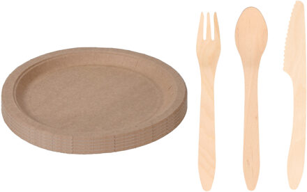 Houten verjaardag bestek voor 48x personen set en 50x Duurzame papieren taart/hapjes bordjes 23 cm