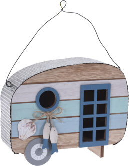 Houten vogel voeder huisje voor pindas/vetbollen caravan blauw 22 x 18 x 8 cm - Vogelvoederhuisjes