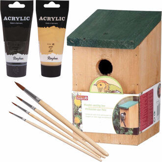 Houten Vogelhuisje/nestkastje 22 Cm - Zwart/goud Dhz Schilderen Pakket - Vogelhuisjes Multikleur