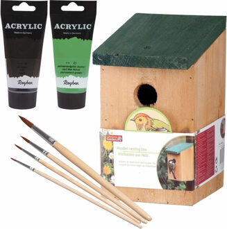 Houten Vogelhuisje/nestkastje 22 Cm - Zwart/groen Dhz Schilderen Pakket - Vogelhuisjes Multikleur