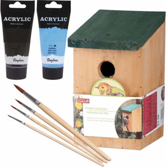Houten Vogelhuisje/nestkastje 22 Cm - Zwart/lichtblauw Dhz Schilderen Pakket - Vogelhuisjes Multikleur