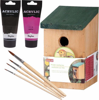 Houten Vogelhuisje/nestkastje 22 Cm - Zwart/roze Dhz Schilderen Pakket - Vogelhuisjes Multikleur