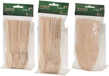 Houten wegwerp bestek pakket - 50-delig - messen - vorken - lepels - 16 cm