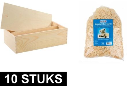 Houten wijnkistjes - 10x - met schuifdeksel - 35 x 20 x 11 cm - met houtwol - dubbel vaks