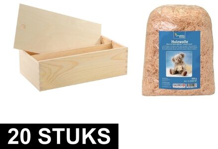 Houten wijnkistjes - 20x - met schuifdeksel - 35 x 20 x 11 cm - met houtwol - dubbel vaks
