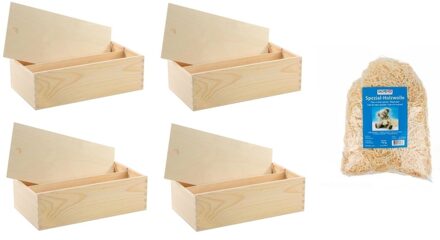 Houten wijnkistjes - 4x - met schuifdeksel - 35 x 20 x 11 cm - met houtwol - dubbel vaks