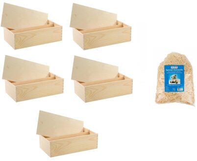 Houten wijnkistjes - 5x - met schuifdeksel - 35 x 20 x 11 cm - met houtwol - dubbel vaks