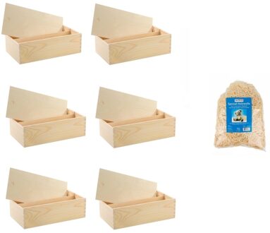 Houten wijnkistjes - 6x - met schuifdeksel - 35 x 20 x 11 cm - met houtwol - dubbel vaks