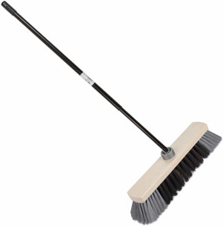 Houten zachte binnenbezem synthetisch 29 cm inclusief metalen telescoopsteel zwart/grijs 80 - 130 cm