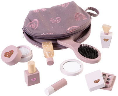 howa ® Speelgoed make-up set cosmetische tas voor kinderen met 8 stuks houten accessoires en hart stickers Roze/lichtroze