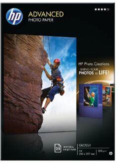 HP Advanced fotopapier, glanzend, 250 g/m2, A4 (210 x 297 mm), 25 vellen Kopieerpapier Zwart