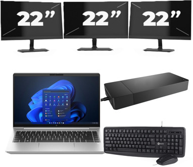 HP EliteBook 640 G10 - Intel Core i5-13e Generatie - 14 inch - 16GB RAM - 256GB SSD - Windows 11 Home + 3x 22 inch Monitor