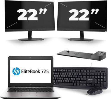HP EliteBook 725 G3 - AMD PRO A12-8800B - 12 inch - 8GB RAM - 240GB SSD - Windows 11 + 2x 22 inch Monitor